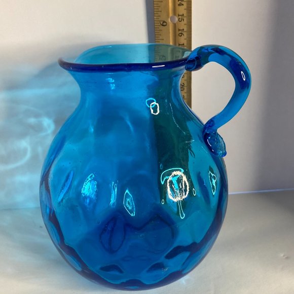 Vintage Blue Art Glass Pitcher With Coin Dot Design - Picture 4 of 7